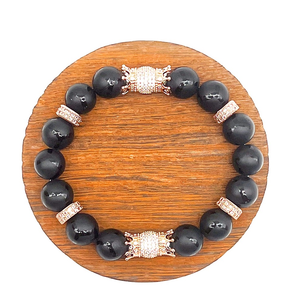Black Onyx & Rose Gold Double Sided Crowns Bracelet